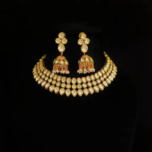 AIVY LUXE kundan necklace set for women featuring intricate gold and white stone craftsmanship with matching earrings