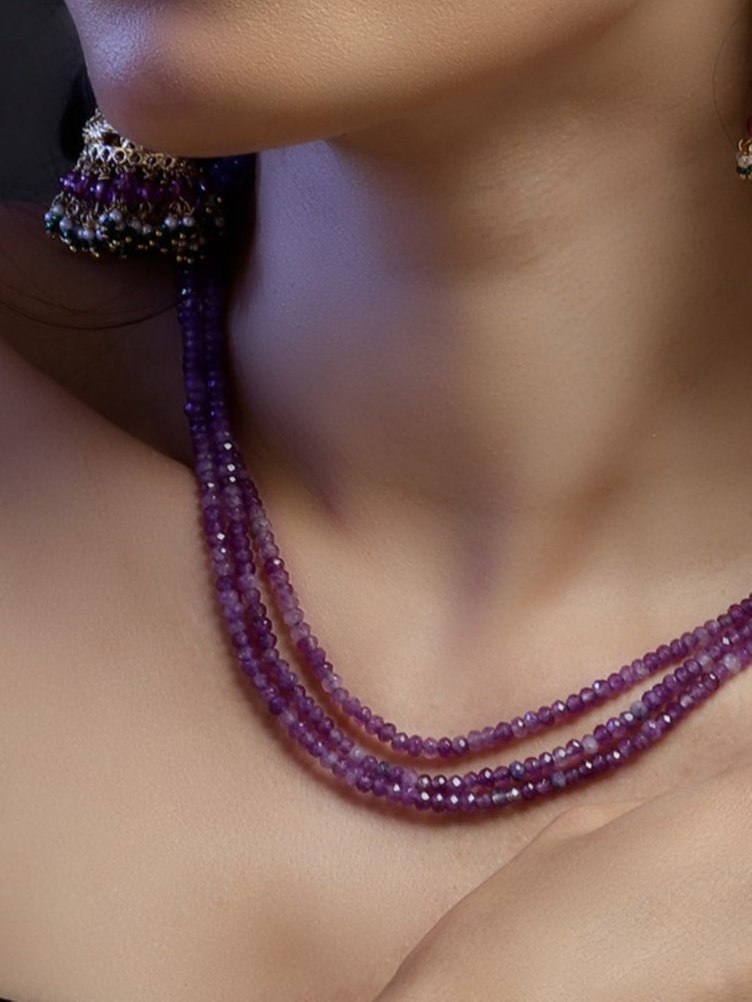 AIVY LUXE purple beaded layered charm necklace draped elegantly around the neck