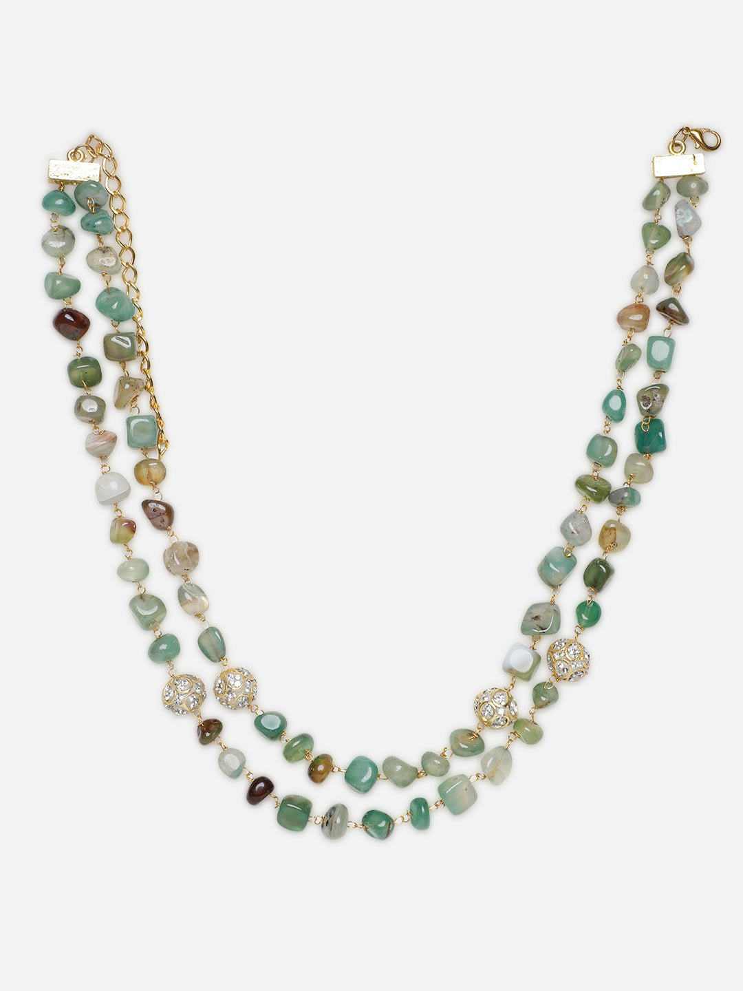 AIVY LUXE layered green gemstone necklace featuring multiple strands of polished green and brown stones with gold chain accents