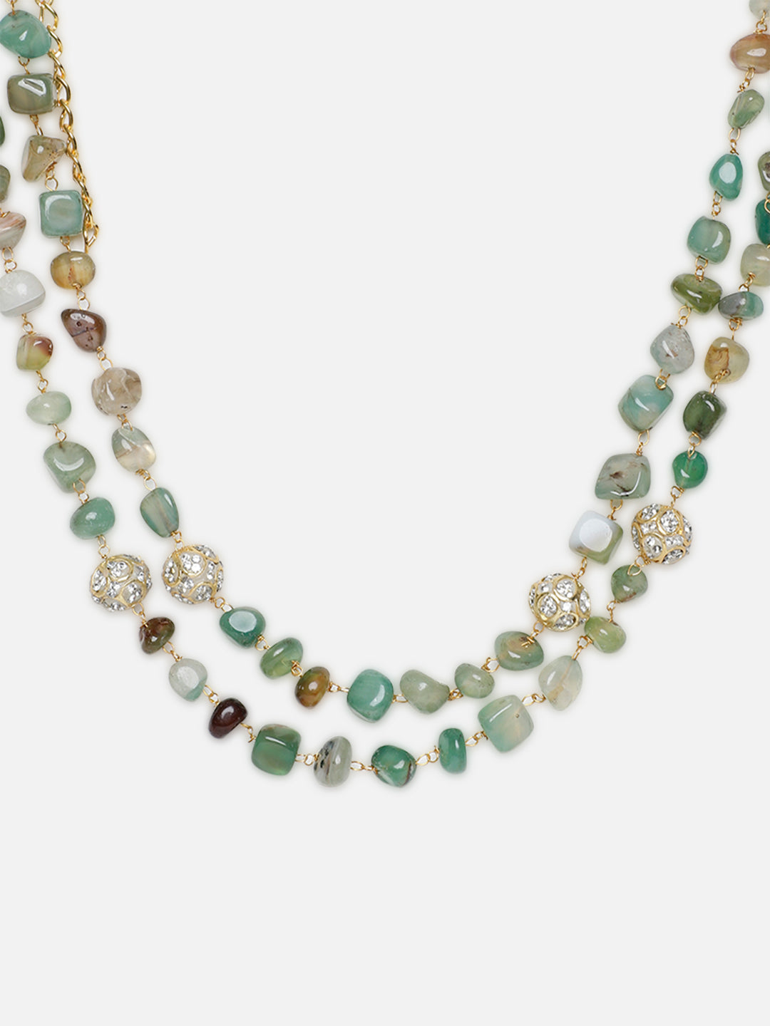 AIVY LUXE layered green gemstone necklace with two strands of polished green and brown stones and gold accents