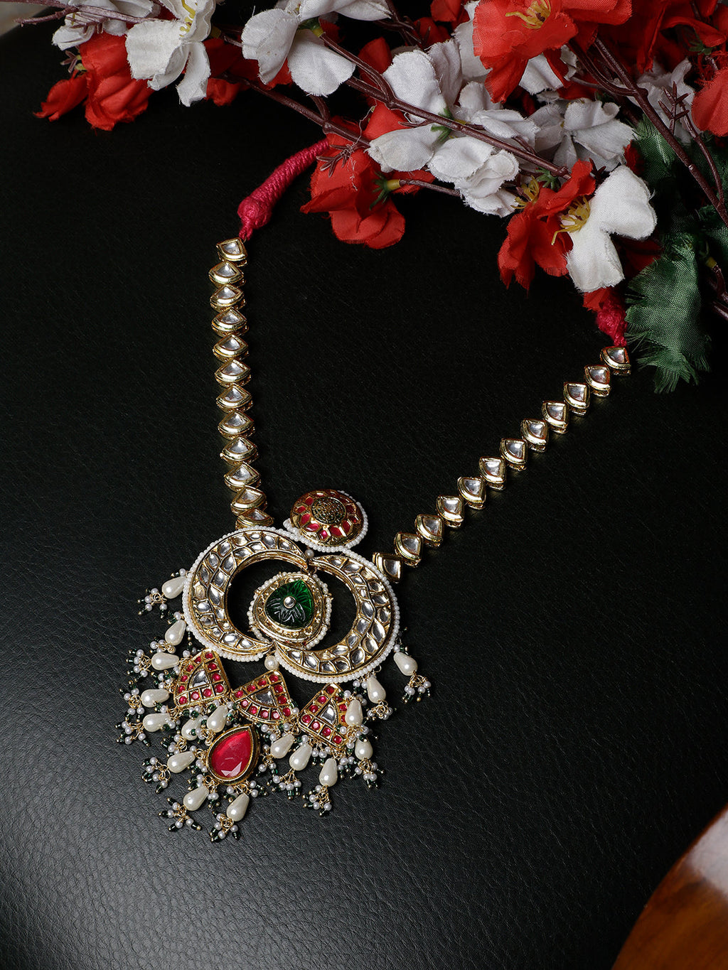 AIVY LUXE luxury ethnic necklace for weddings with intricate gold and red design and pearl accents