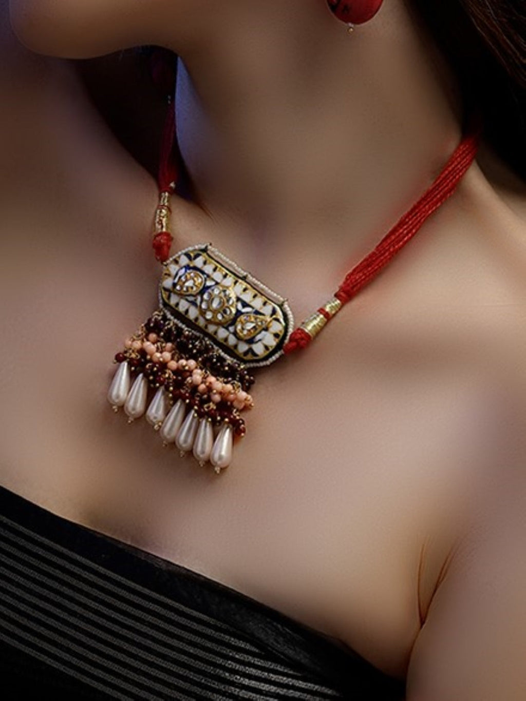 AIVY LUXE luxury ethnic necklace for women with ornate pendant and red beaded chain