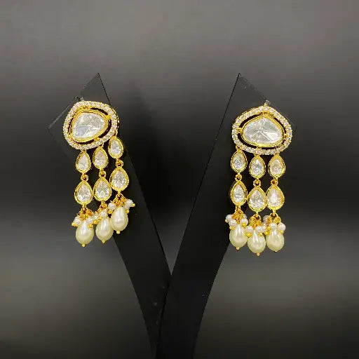 AIVY LUXE luxury fusion jewelry earrings with gold settings, clear stones, and dangling pearl accents