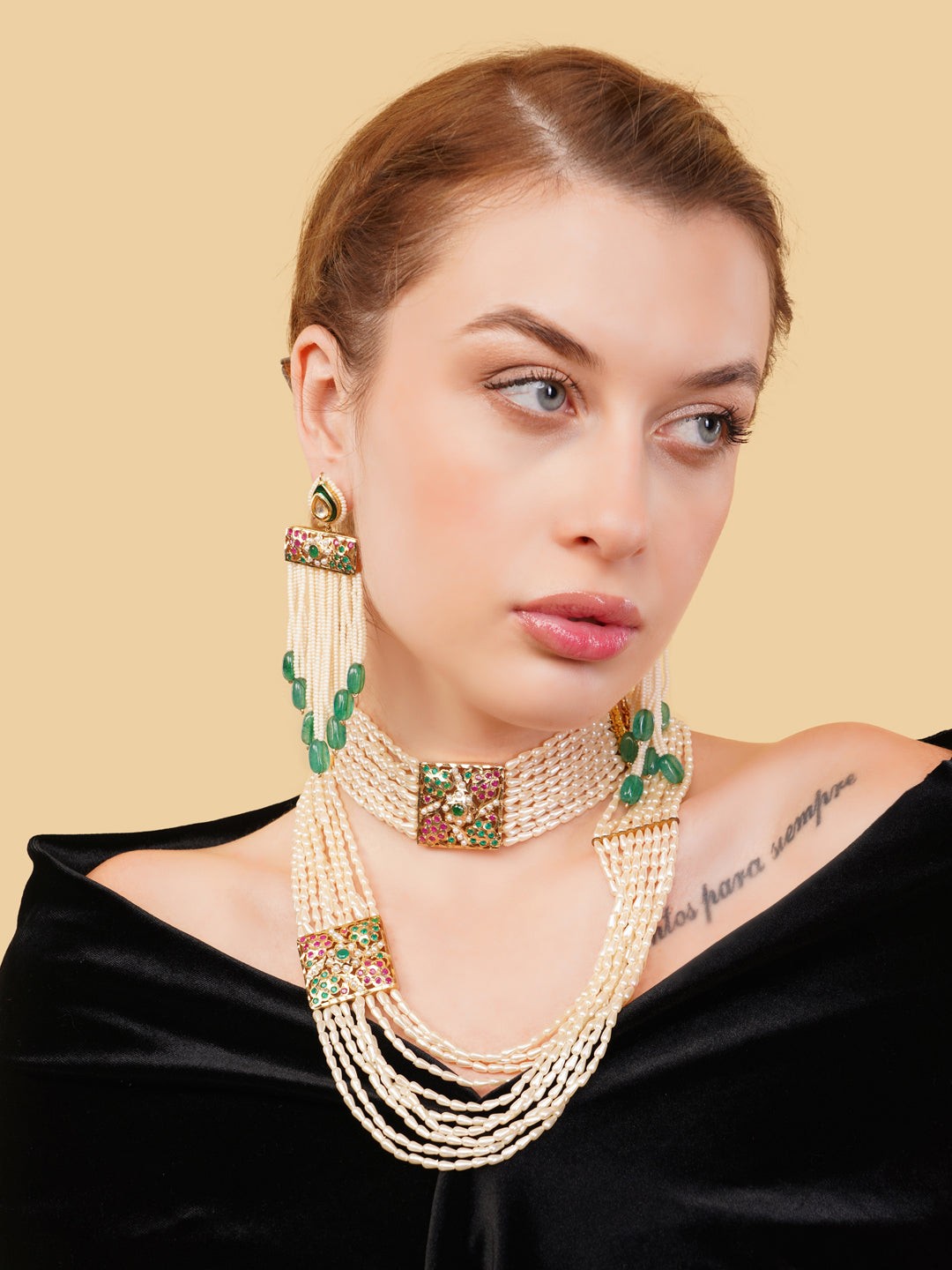 AIVY LUXE green stone choker with earrings featuring layered white beads and intricate green gemstone details