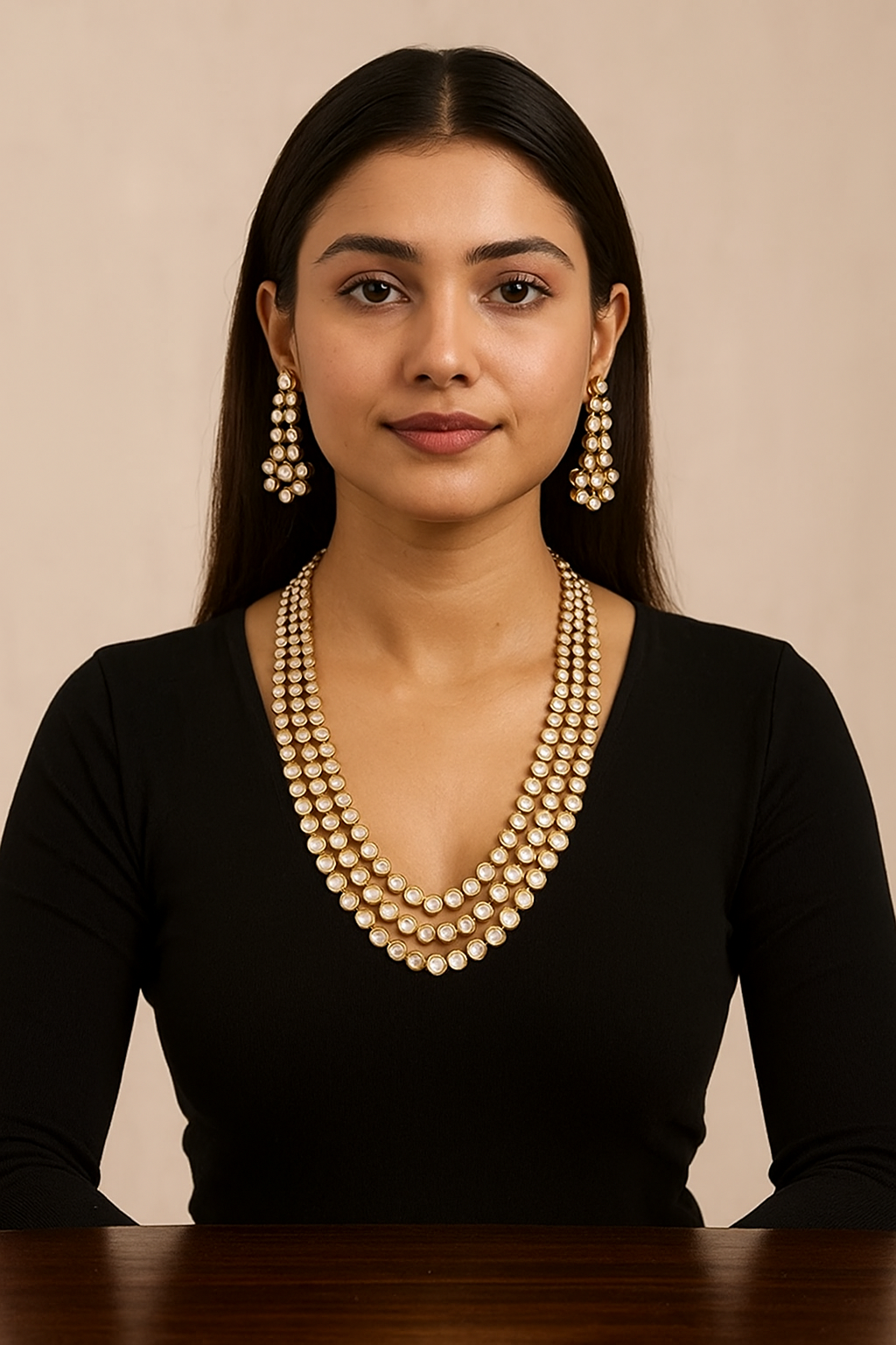 AIVY LUXE luxury kundan necklace and earring set worn by woman with long dark hair in black top