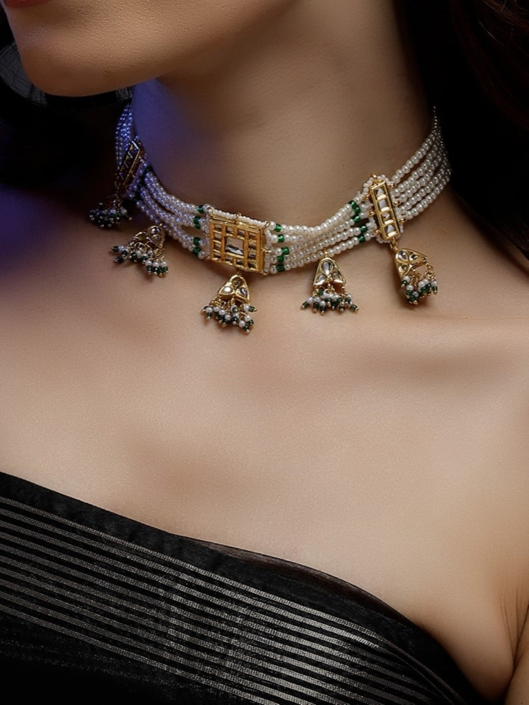 AIVY LUXE luxury pearl choker necklace with gold and green accents worn on a woman’s neck