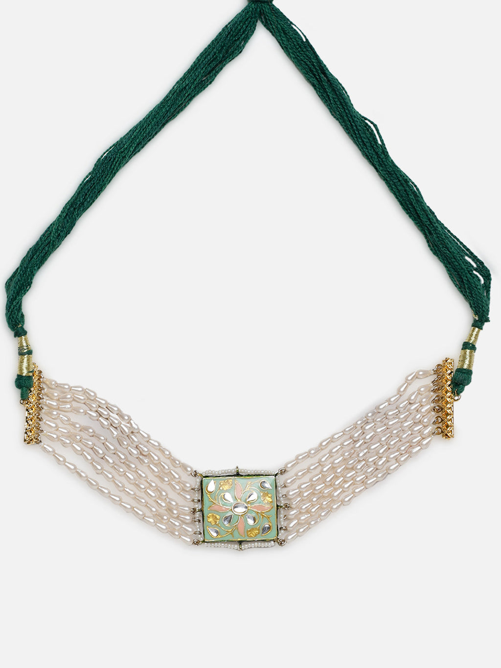 AIVY LUXE pearl choker necklace with multiple strands and decorative square centerpiece