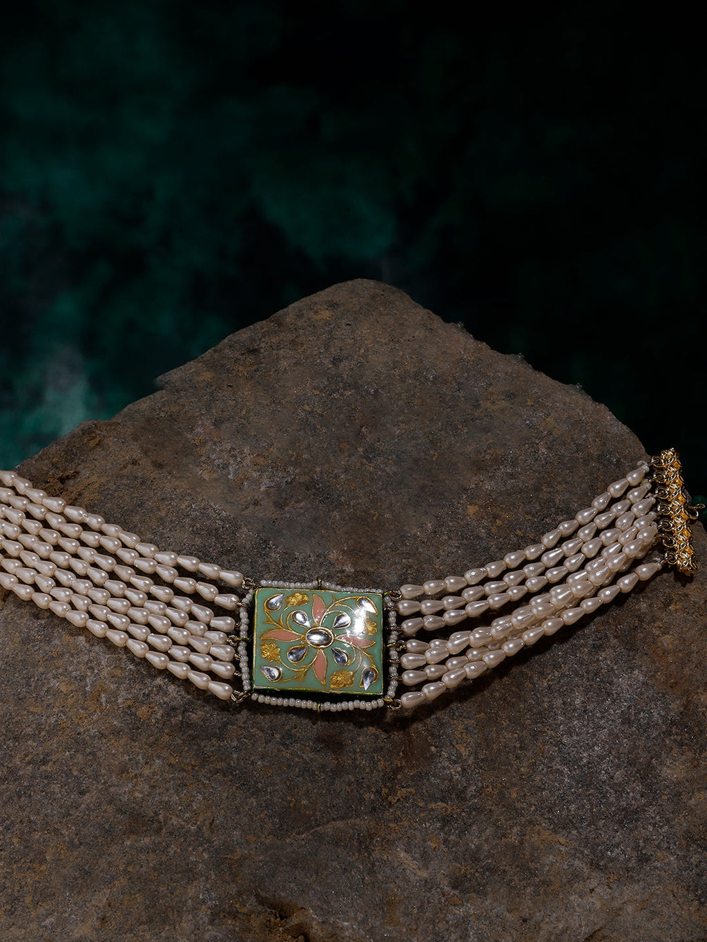 AIVY LUXE elegant pearl choker necklace with multiple strands and decorative floral clasp on stone