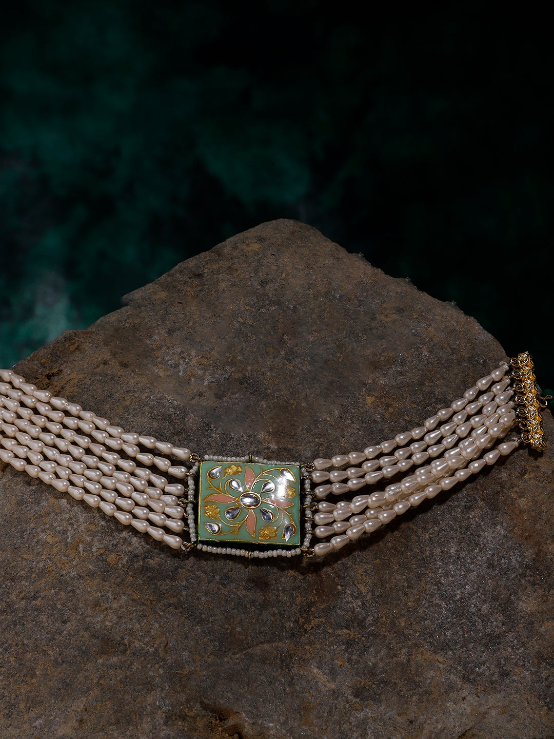 AIVY LUXE elegant pearl choker necklace with multiple strands and decorative floral clasp on stone