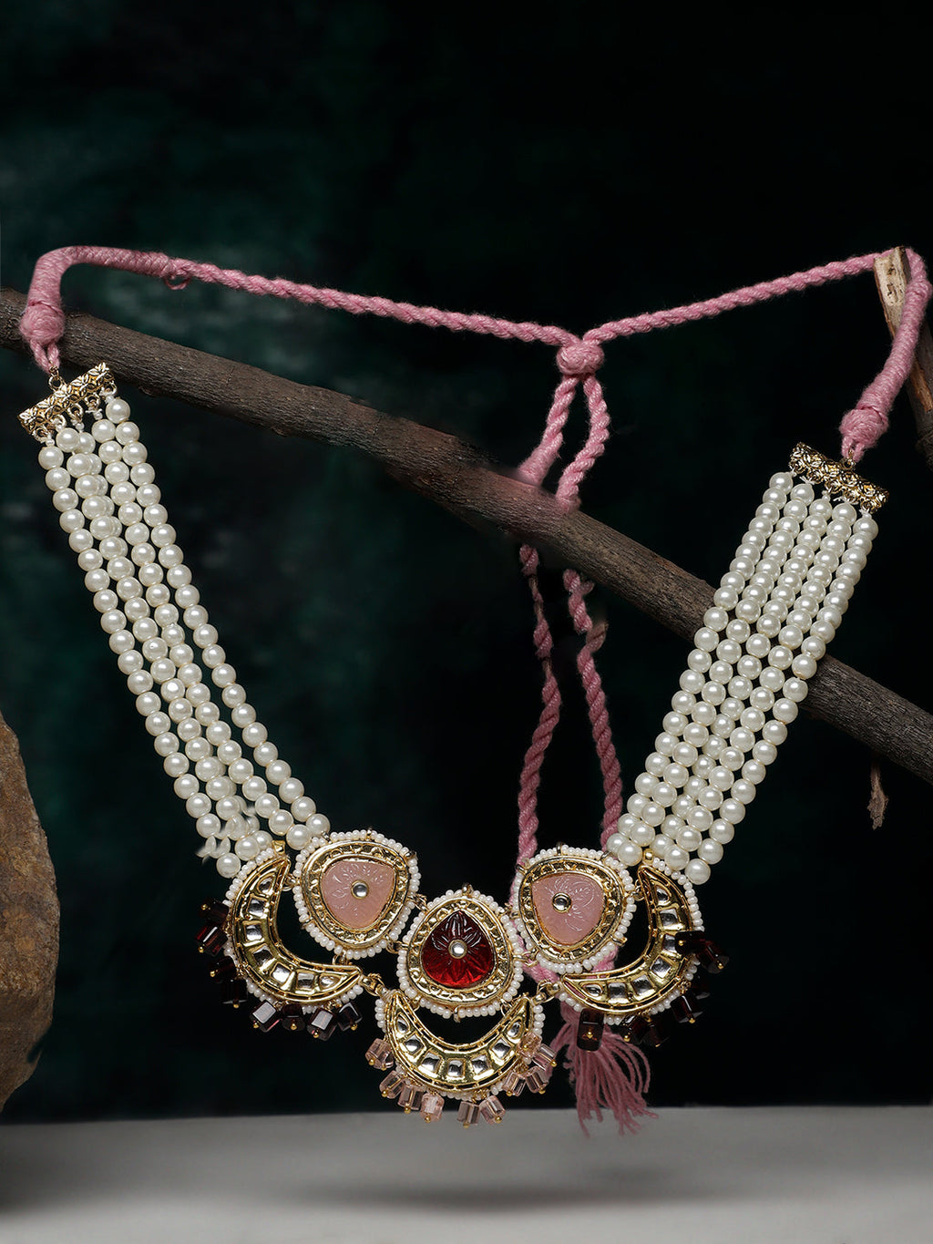 AIVY LUXE necklace featuring pearls and intricate design with pink stone statement jewelry centerpiece