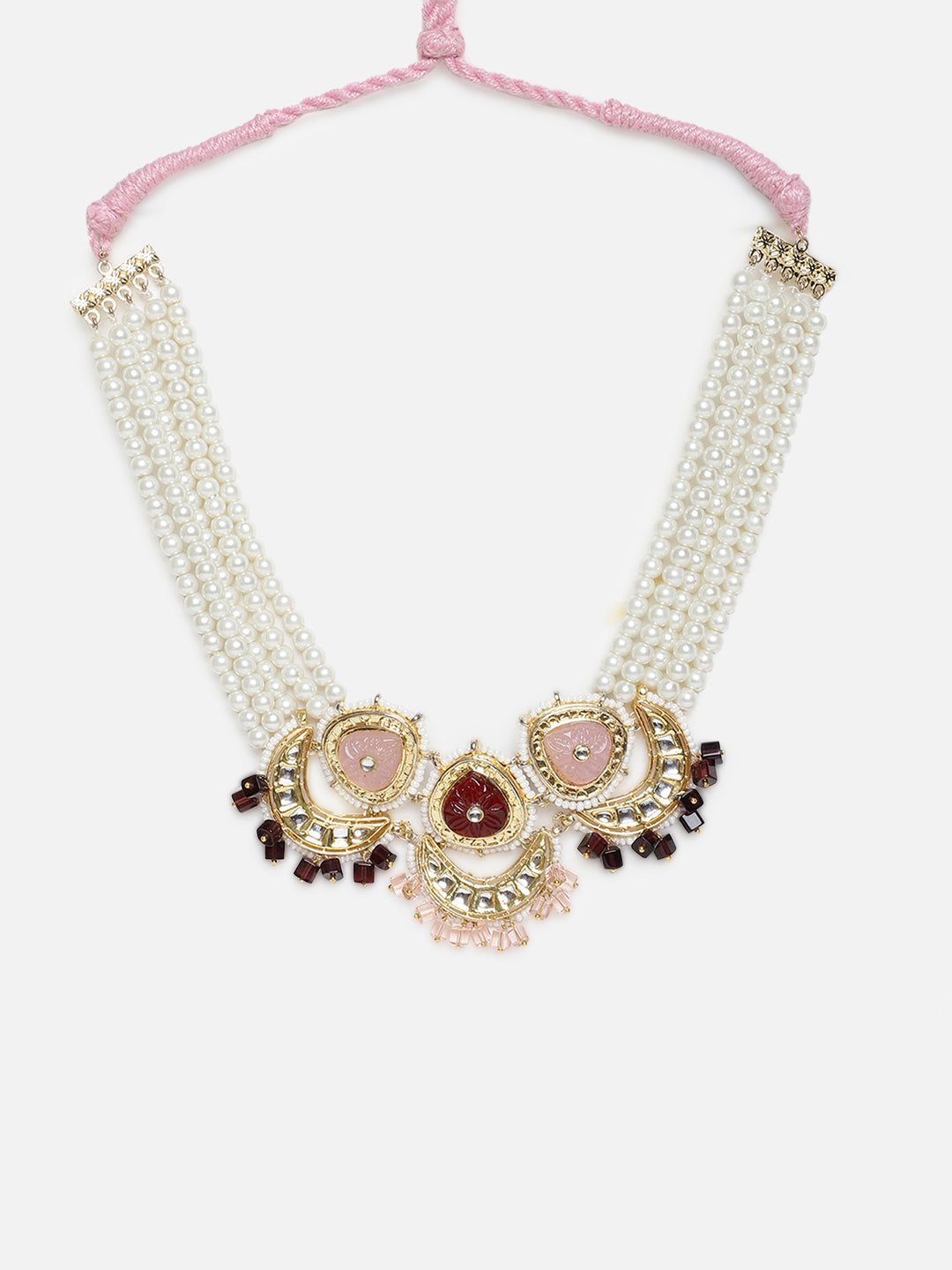 AIVY LUXE necklace featuring layered pearls and intricate pink stone statement jewelry design with gold and gemstone accents