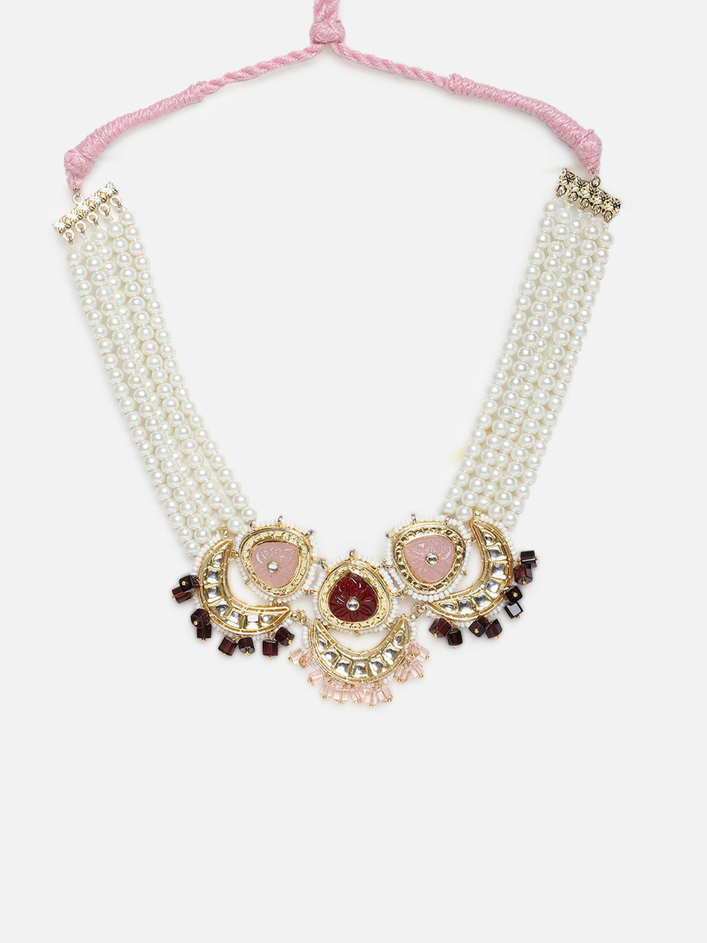AIVY LUXE necklace featuring pink stone statement jewelry with pearl strands and intricate gold accents