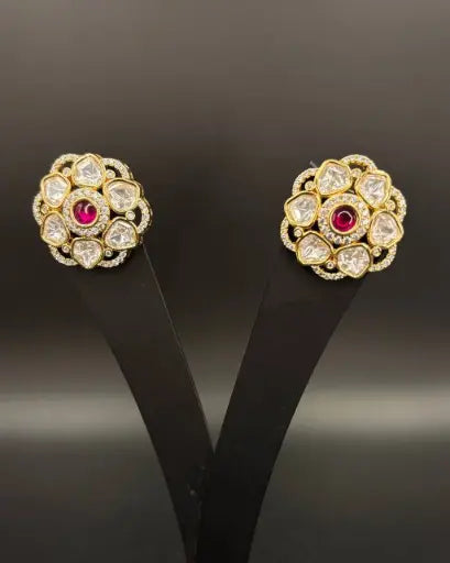 AIVY LUXE pink stone stud earrings with gold setting and clear stones surrounding a central pink stone