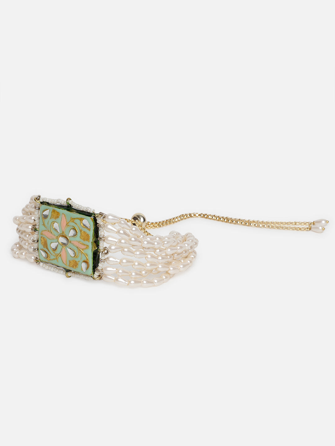 AIVY LUXE premium designer pearl bracelet with multiple strands and decorative green floral centerpiece