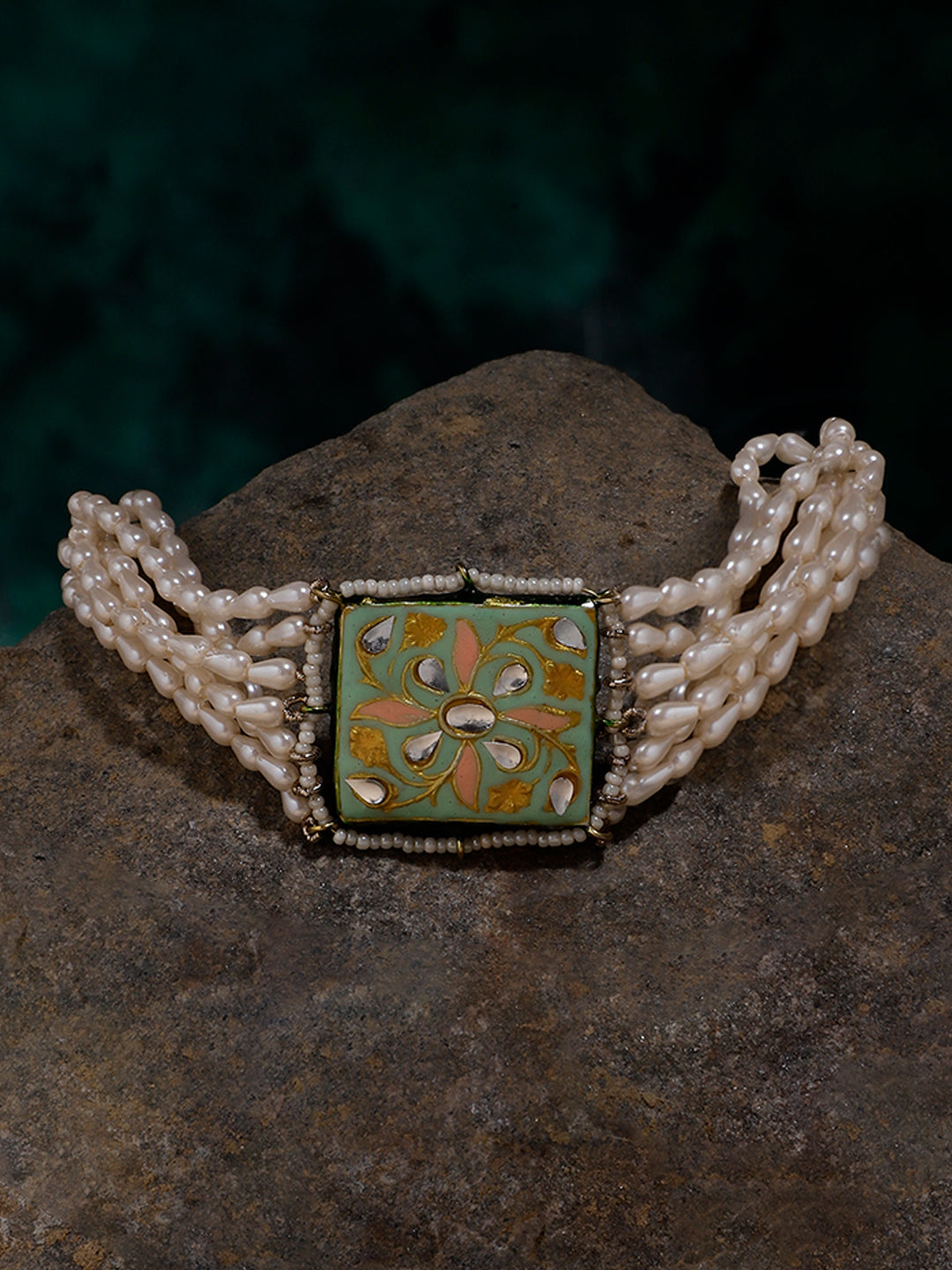 AIVY LUXE premium designer pearl bracelet with multi-strand pearls and an ornate green centerpiece