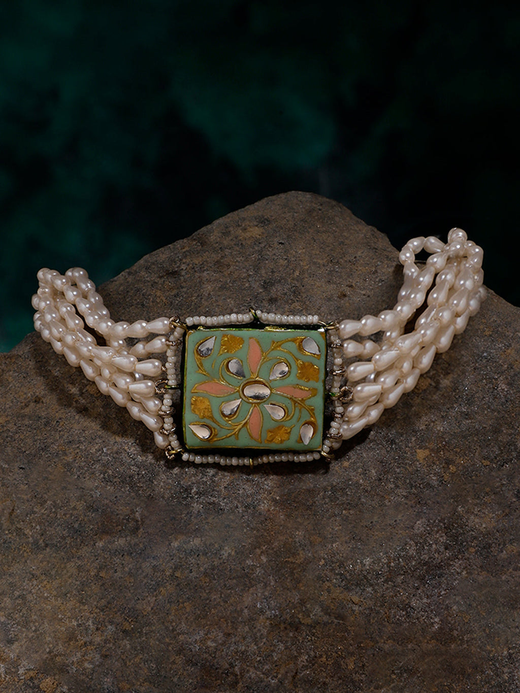 AIVY LUXE premium designer pearl bracelet with multi-strand pearls and an ornate green centerpiece