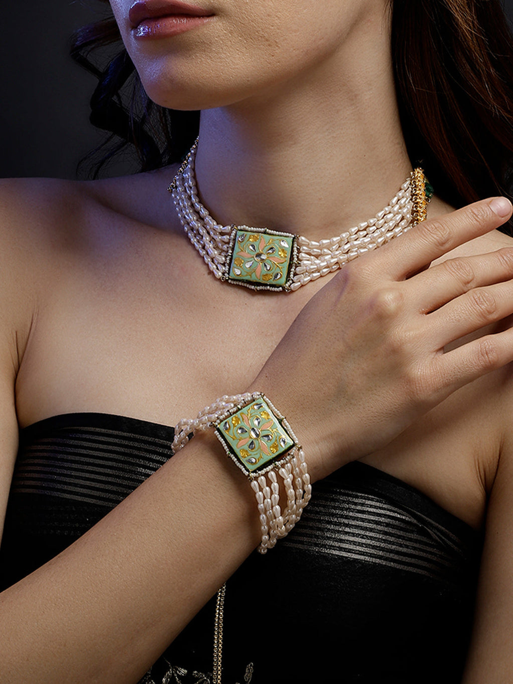 AIVY LUXE premium designer pearl bracelet and matching choker with ornate green and gold clasp