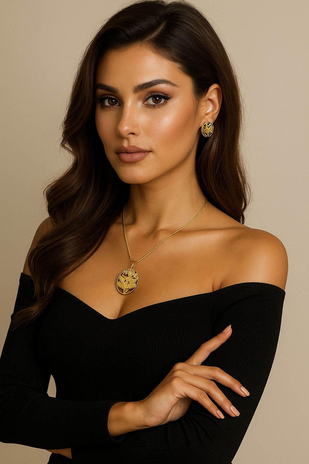 Woman wearing AIVY LUXE premium floral necklace set for women with gold pendant and matching earrings