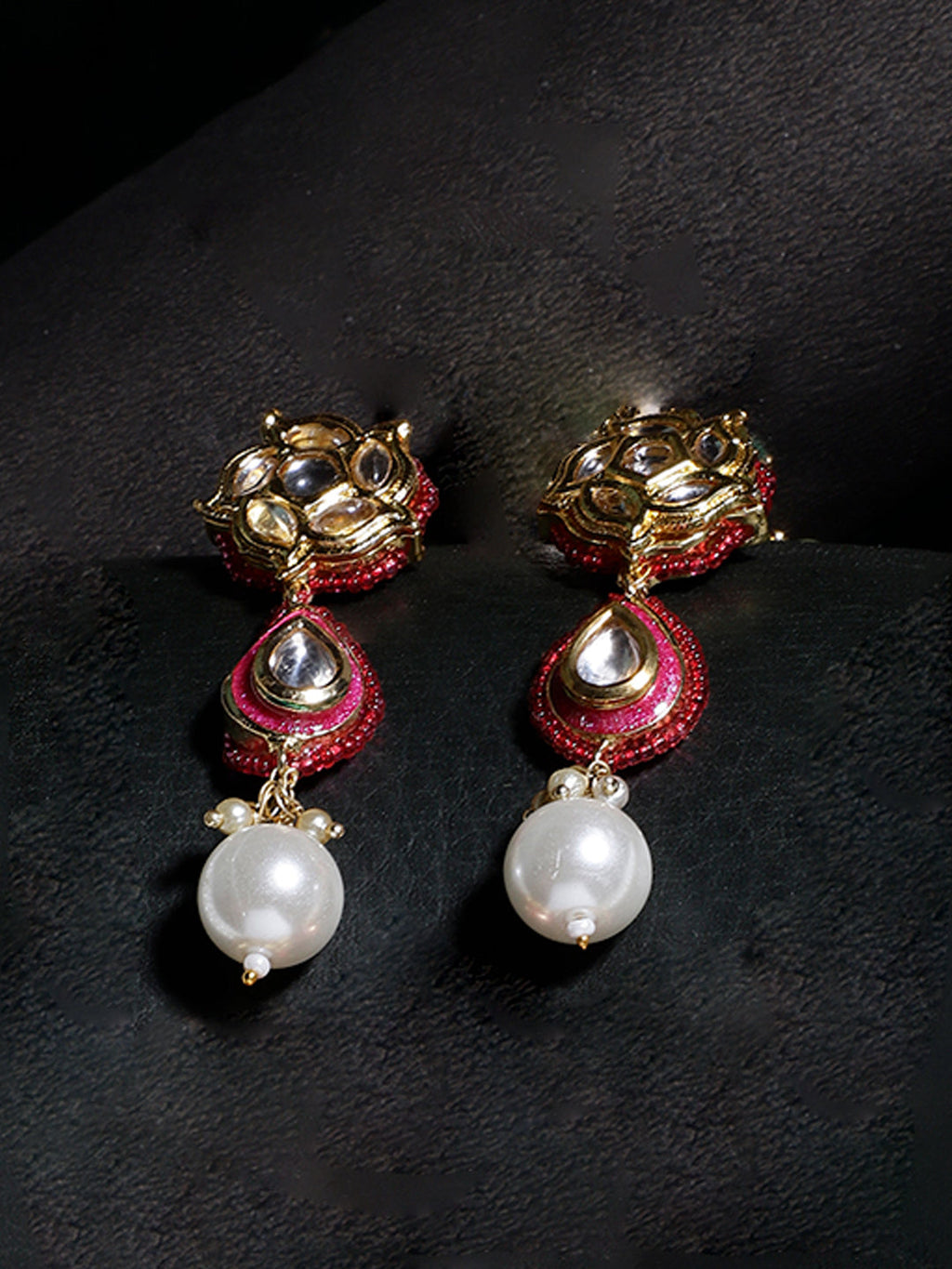 AIVY LUXE Rang-e-Gul artisan pearl earrings featuring gold-tone design with red accents and white pearls