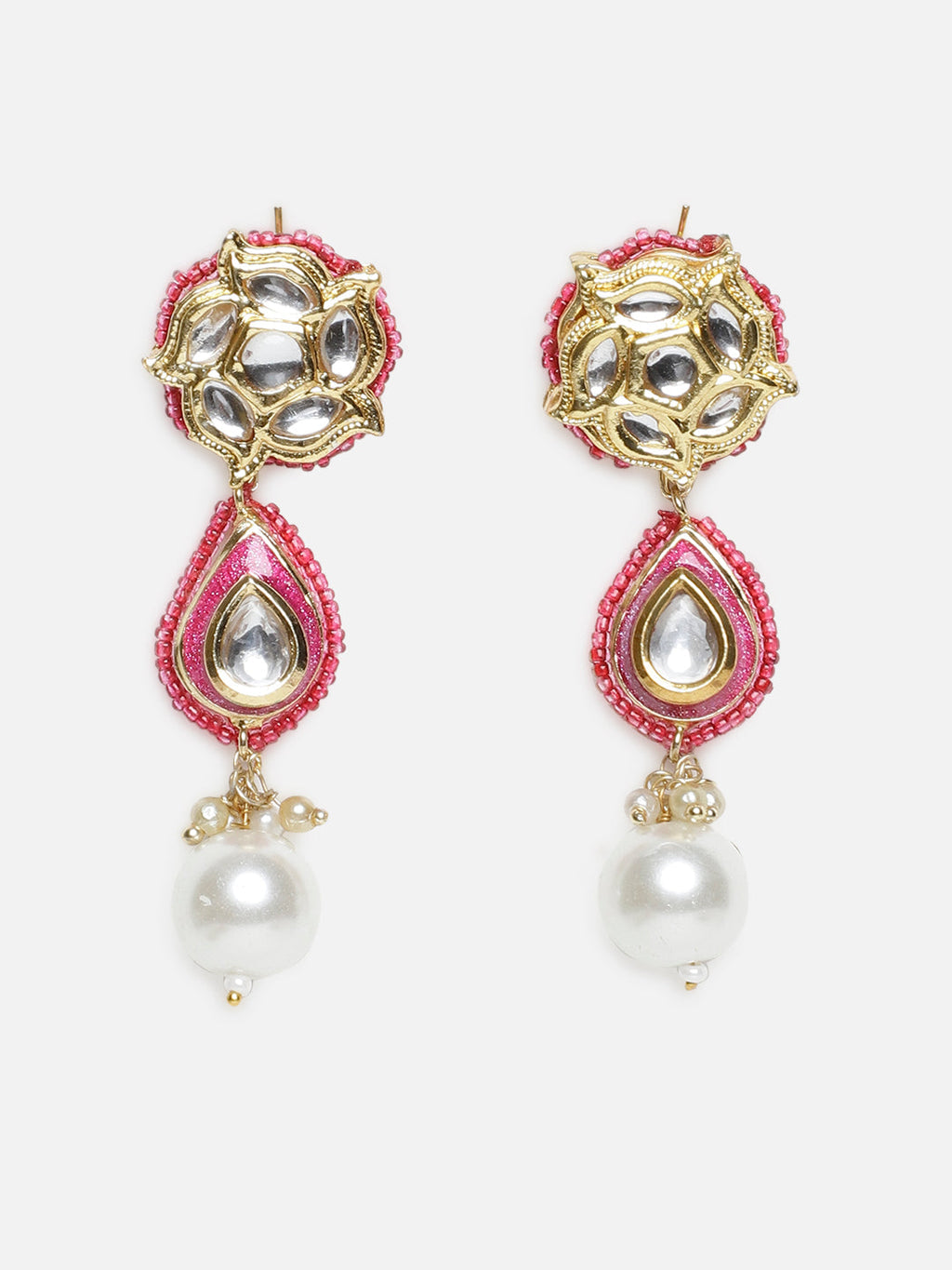 AIVY LUXE Rang-e-Gul artisan pearl earrings with pink and gold detailing and white pearl drops