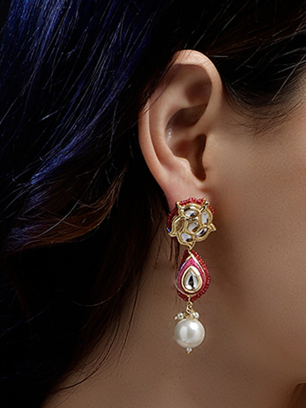 AIVY LUXE Rang-e-Gul artisan pearl earrings featuring intricate gold and red design with a dangling pearl