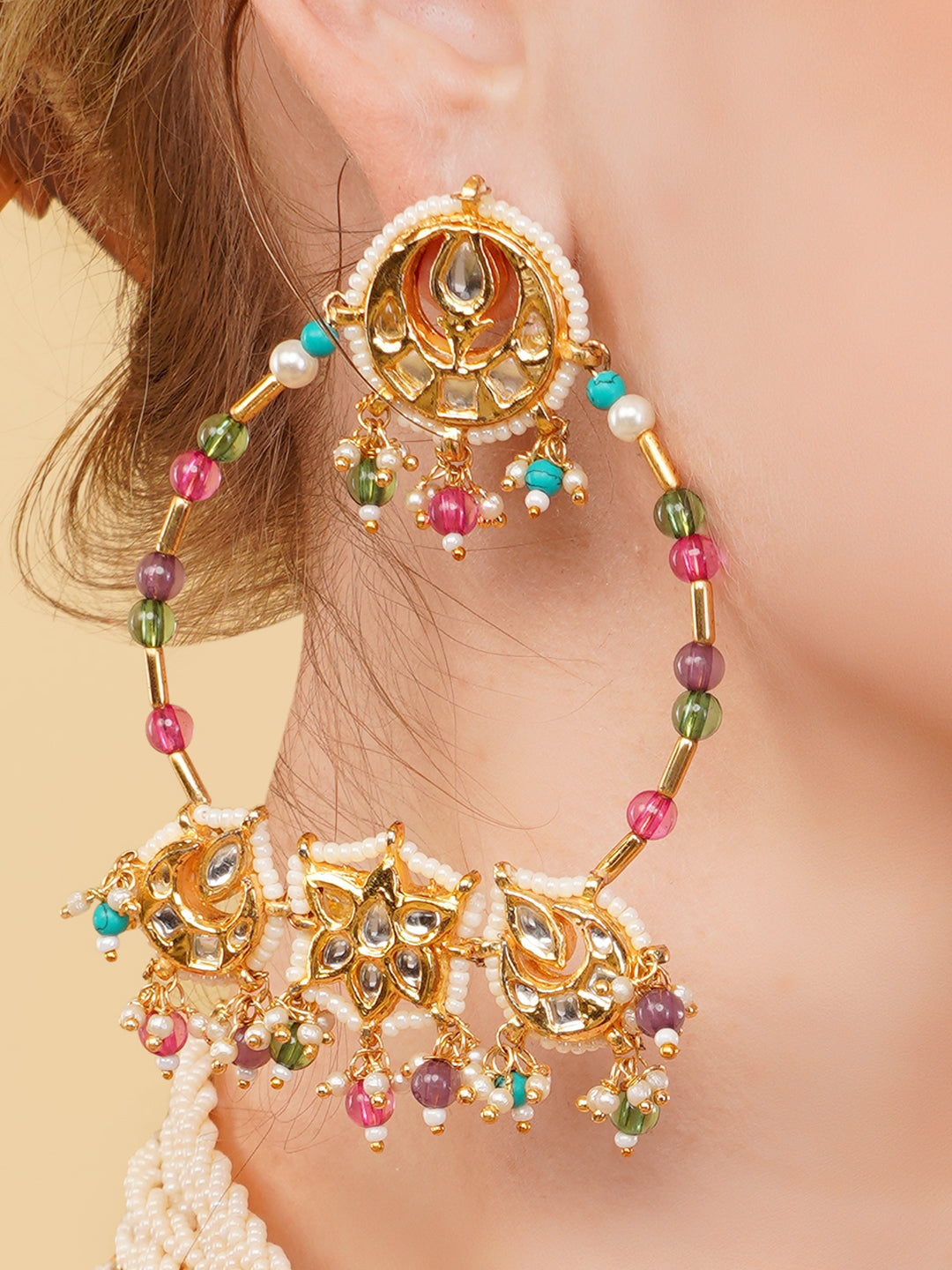 AIVY LUXE Rang-e-Gul designer earrings featuring colorful beads and intricate gold detailing