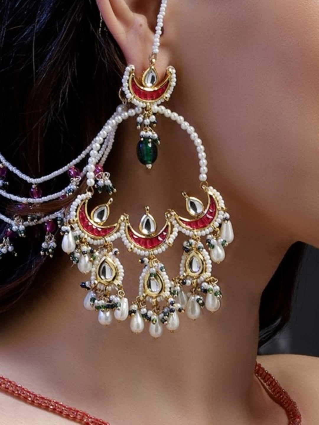 AIVY LUXE Rang-e-Shabnam designer earrings with pearls, red accents, and gold detailing worn on a model