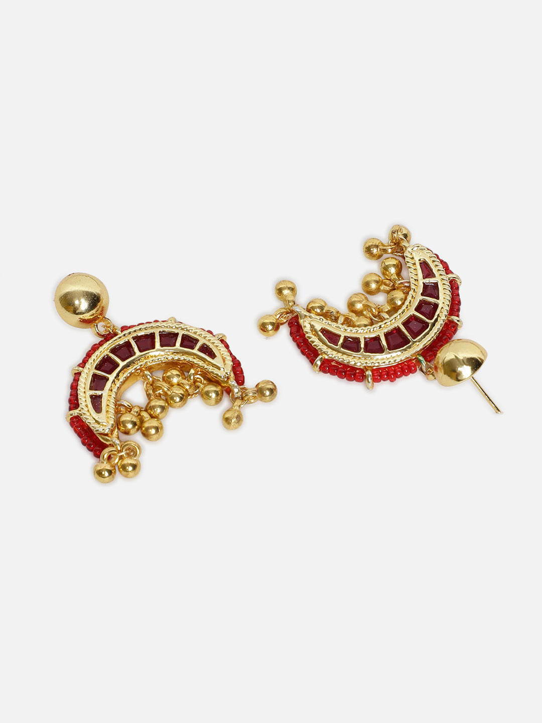 AIVY LUXE red and gold statement earrings with intricate beadwork and decorative gold balls