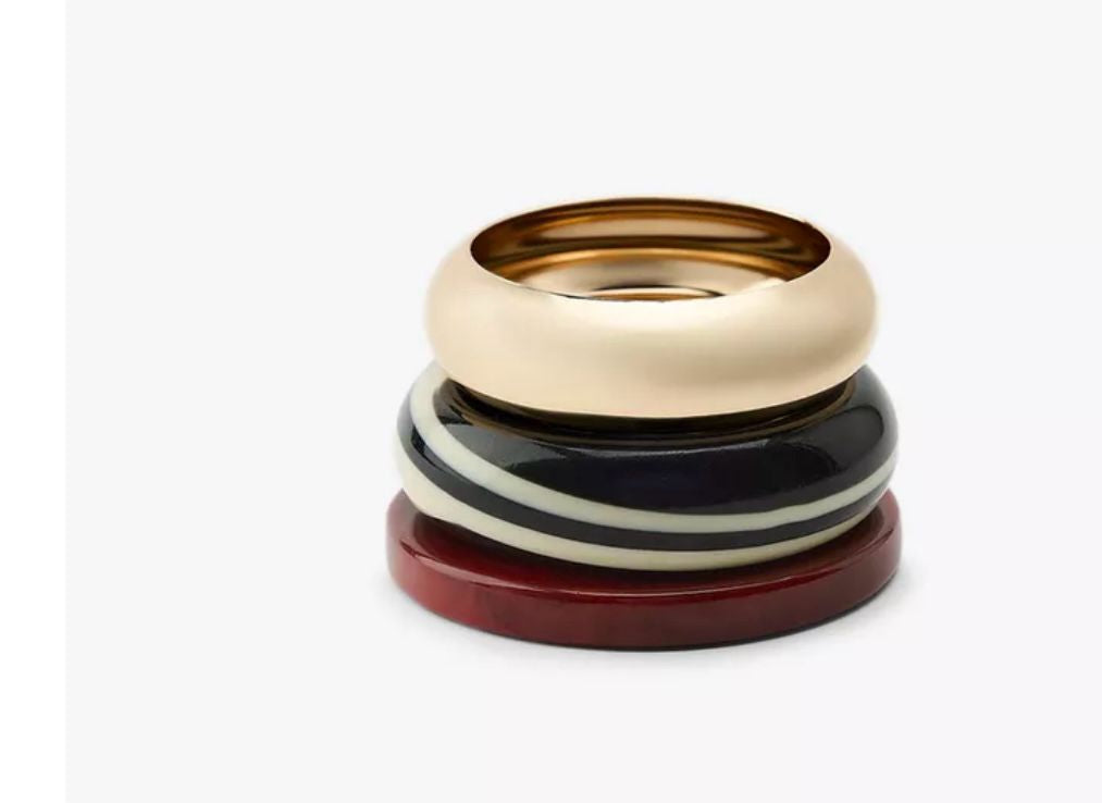 AIVY LUXE red and white resin bracelet set stacked with gold-tone bangle on white background