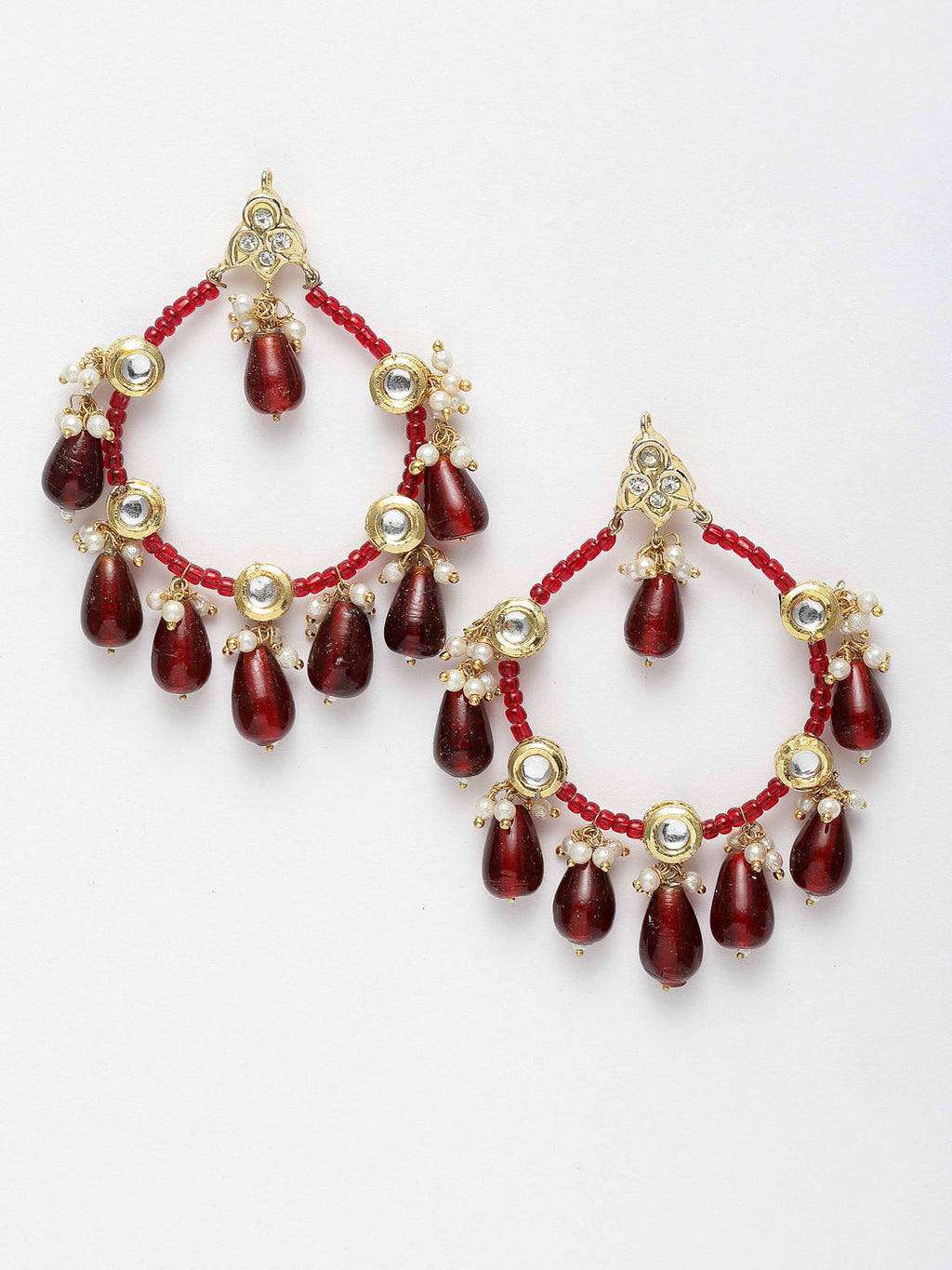 AIVY LUXE red stone statement earrings with gold accents and pearl details in hoop design