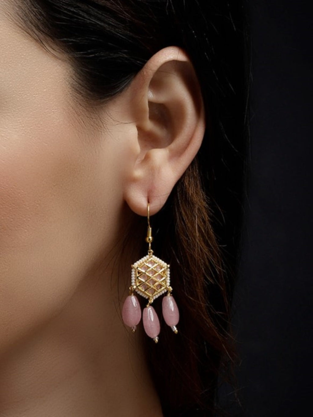 AIVY LUXE earring featuring rosy charm fusion jewelry with gold detailing and pink bead dangles
