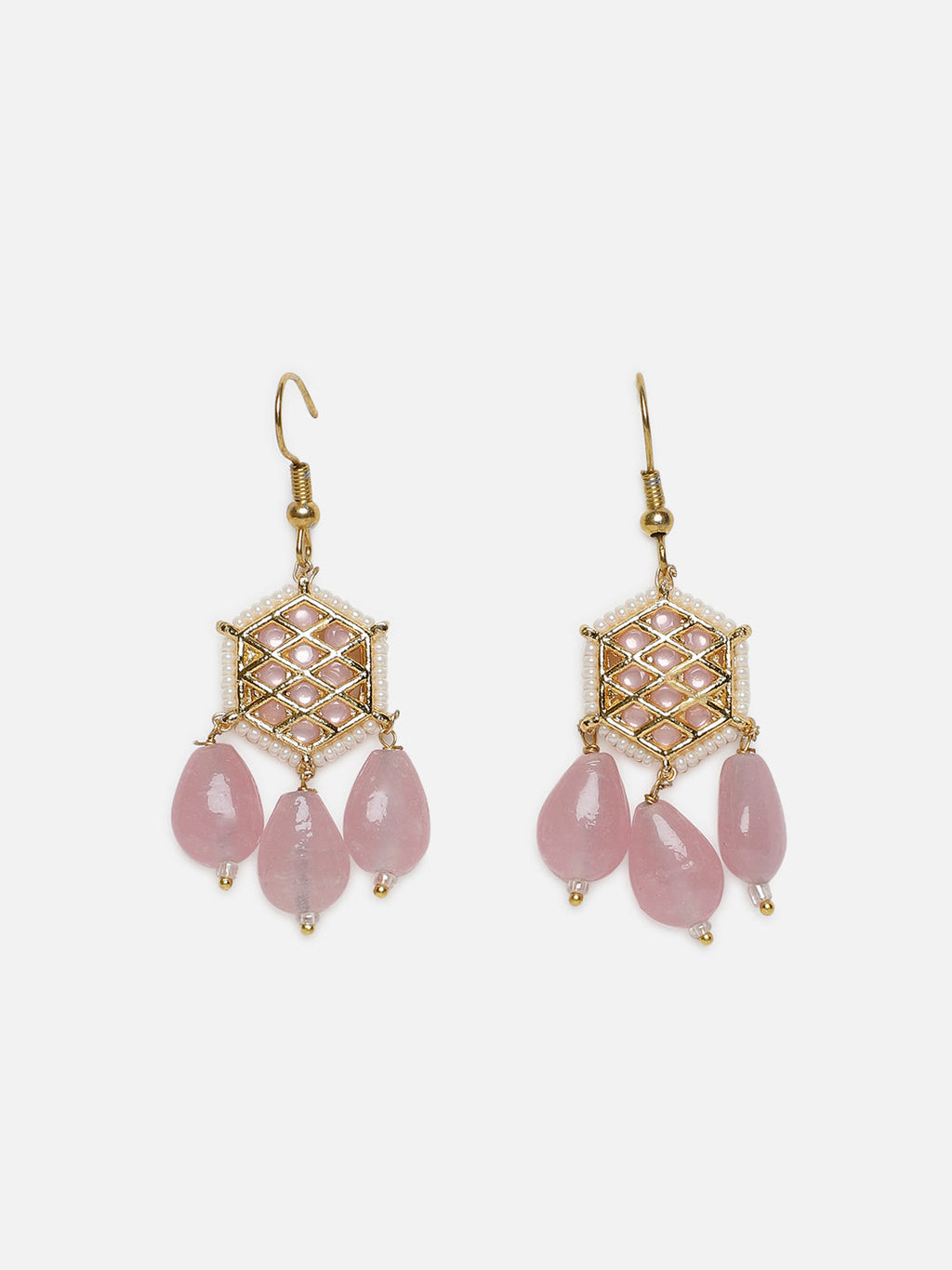 AIVY LUXE earrings featuring rosy charm fusion jewelry design with gold hexagon and pink teardrop stones