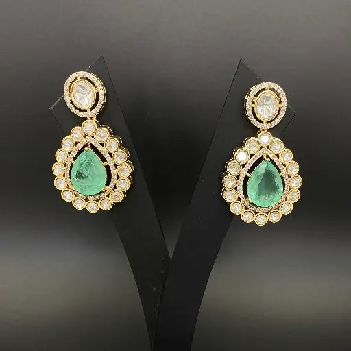 AIVY LUXE royal pearl drop chandeliers earrings with green teardrop gems and sparkling clear stones