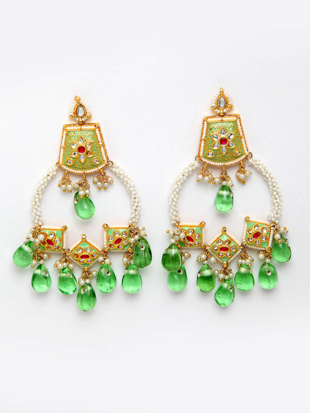 AIVY LUXE seafoam chand bali earrings with green stones and intricate gold detailing