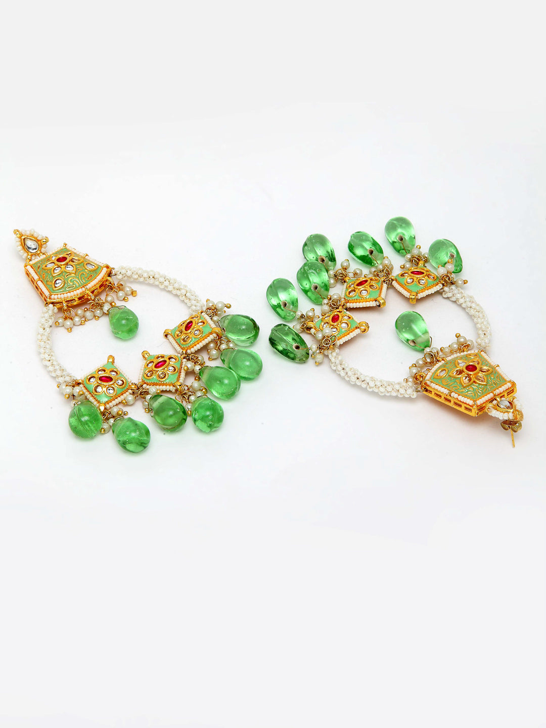 AIVY LUXE seafoam chand bali earrings with green beads and intricate gold detailing
