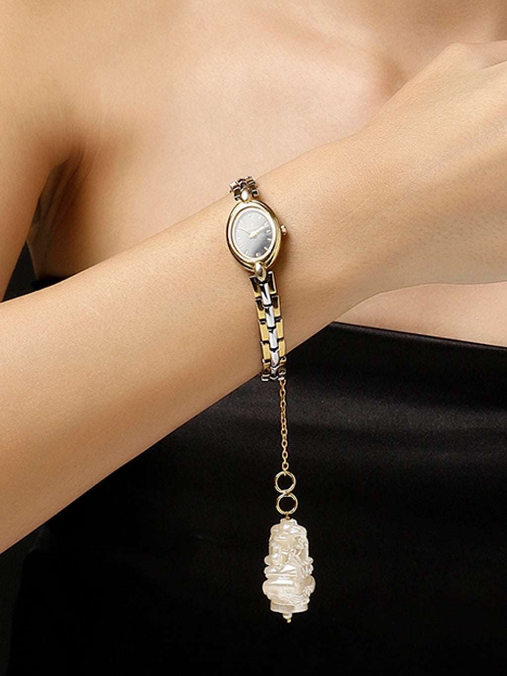 AIVY LUXE watch with Shaandar Zar luxury charm featuring a dangling pearl pendant on a gold and silver chain bracelet