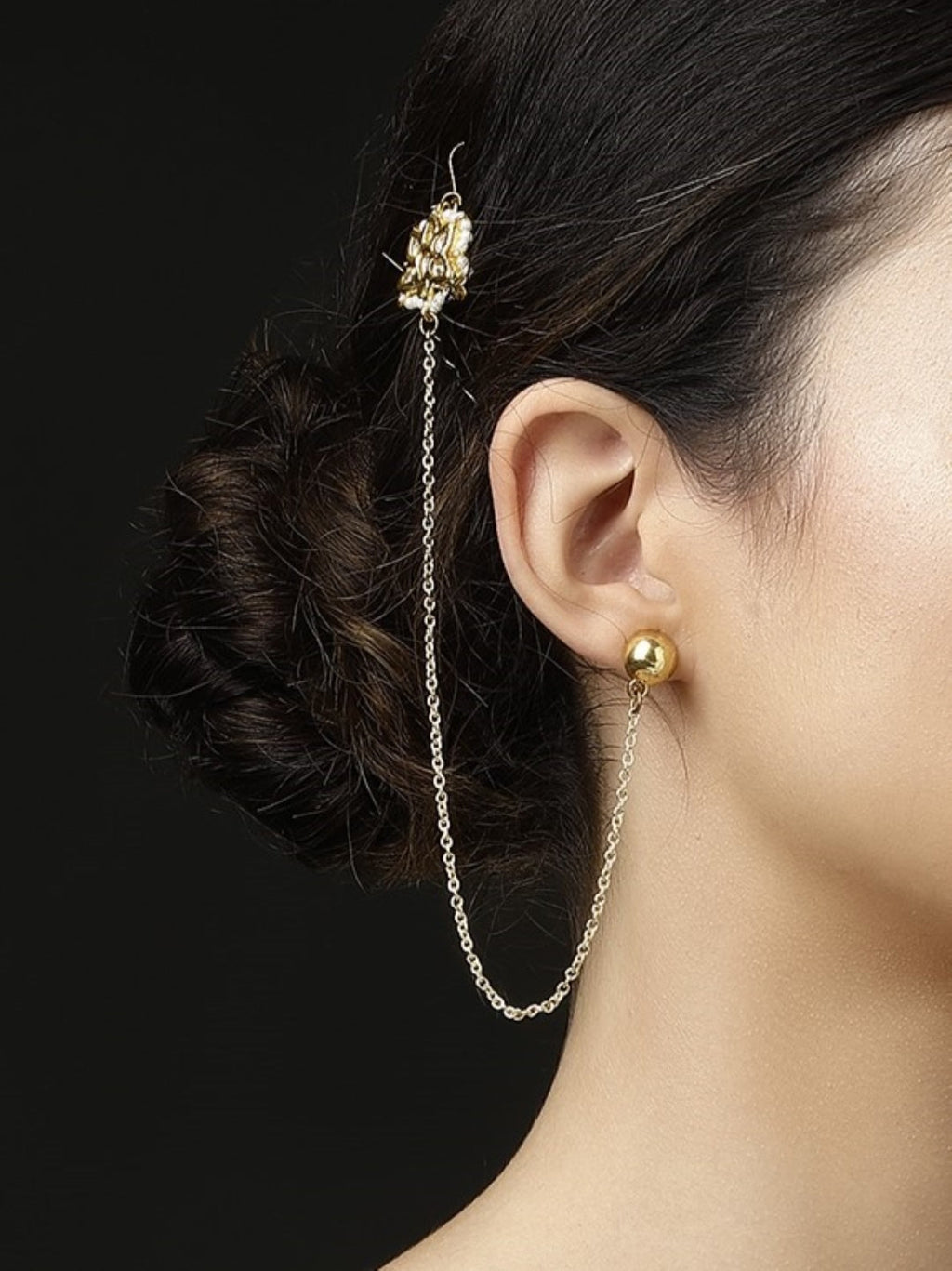 AIVY LUXE Shamsi Glow Drop Earring featuring a gold ball stud connected to a hair clip with a delicate chain