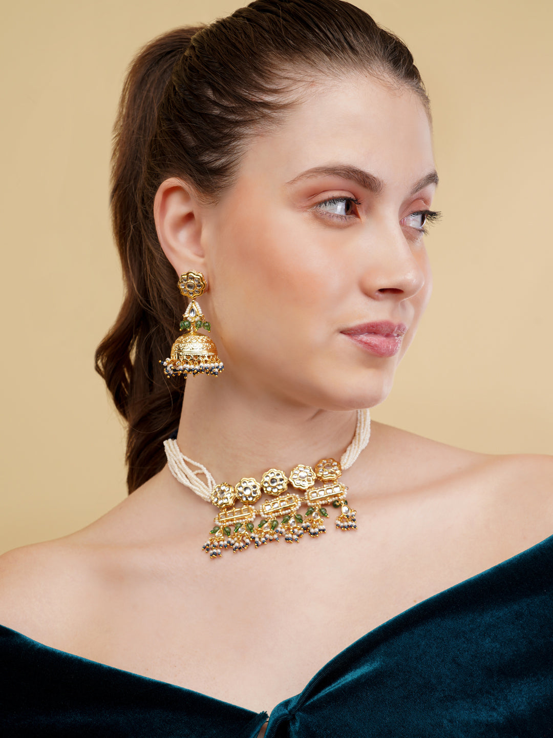 AIVY LUXE designer ethnic necklace for women featuring gold and white detailed beads worn with matching earrings