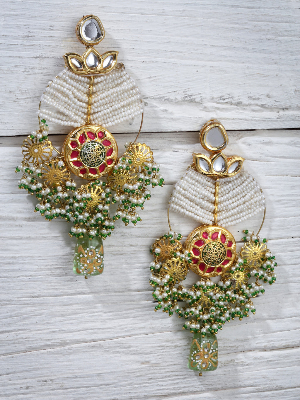 AIVY LUXE traditional ethnic dangler earrings with white beads green and gold accents