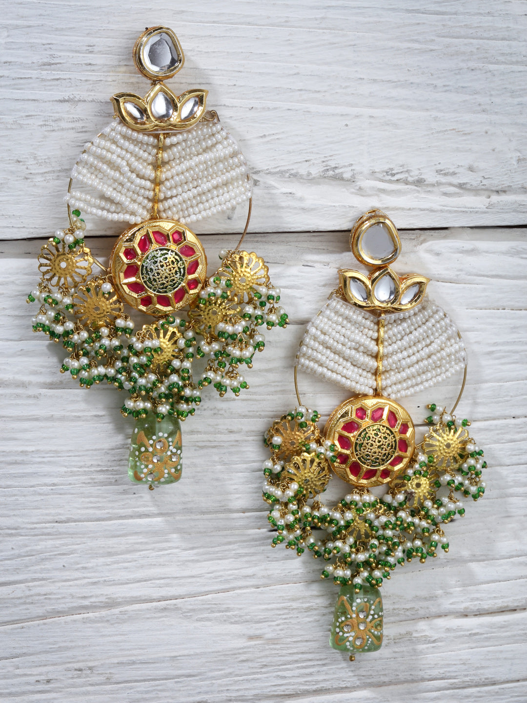 AIVY LUXE traditional ethnic dangler earrings with white beads green and gold accents