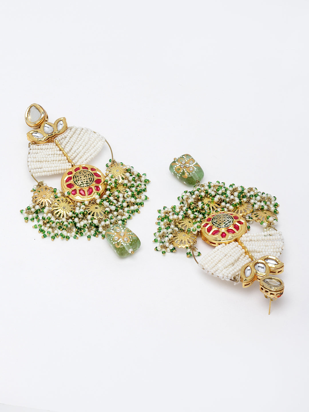 AIVY LUXE traditional ethnic dangler earrings with intricate gold detailing and green bead embellishments