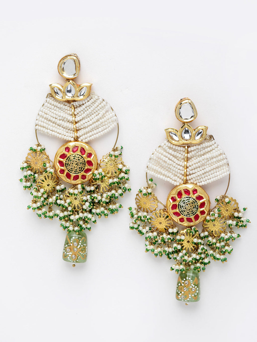 AIVY LUXE traditional ethnic dangler earrings with white beads green accents and intricate gold design