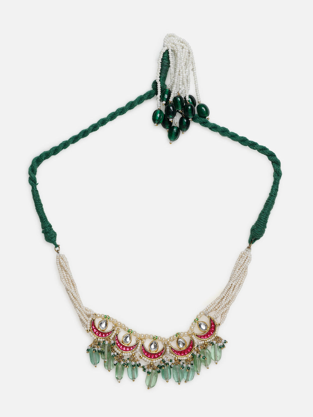 AIVY LUXE traditional gemstone bajuband with green stones and pearl bead strings on green braided thread