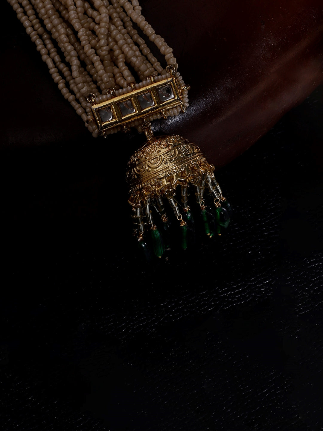 AIVY LUXE traditional green dangle earrings with intricate gold design and green bead embellishments