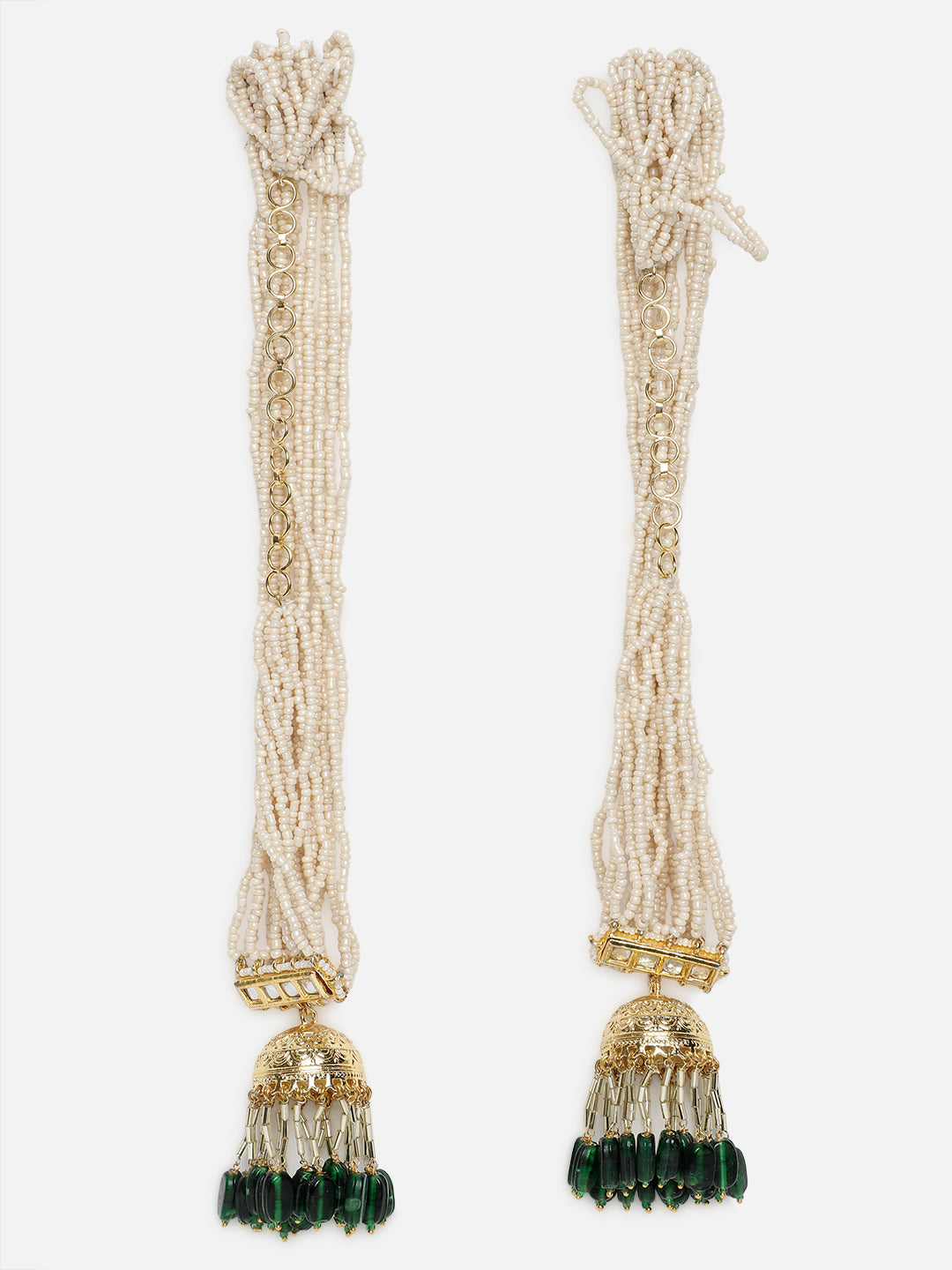 AIVY LUXE traditional green dangle earrings with pearl strands and intricate gold detailing