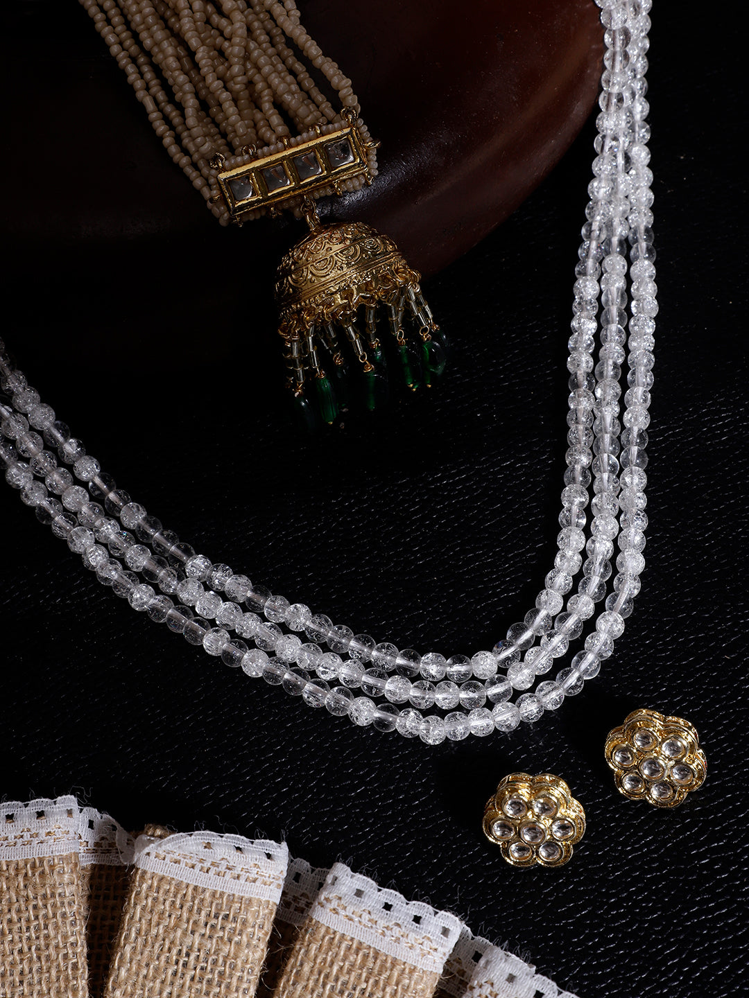 AIVY LUXE traditional green dangle earrings with intricate gold design and complimentary white beaded kanchain necklace