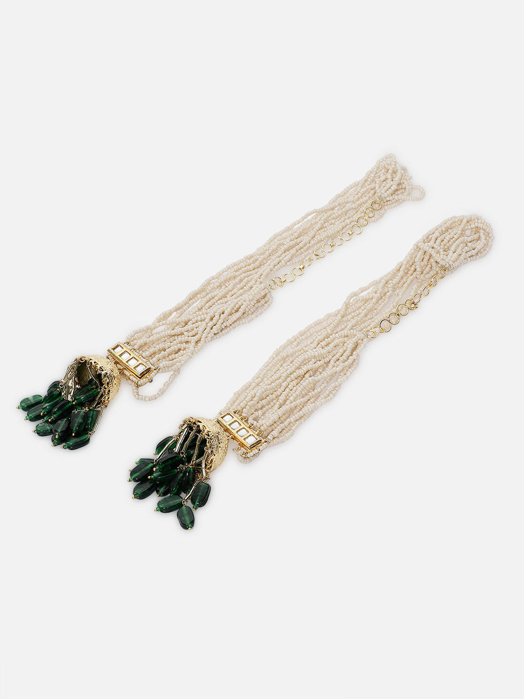 AIVY LUXE traditional green dangle earrings with multiple pearl strands and green stone embellishments