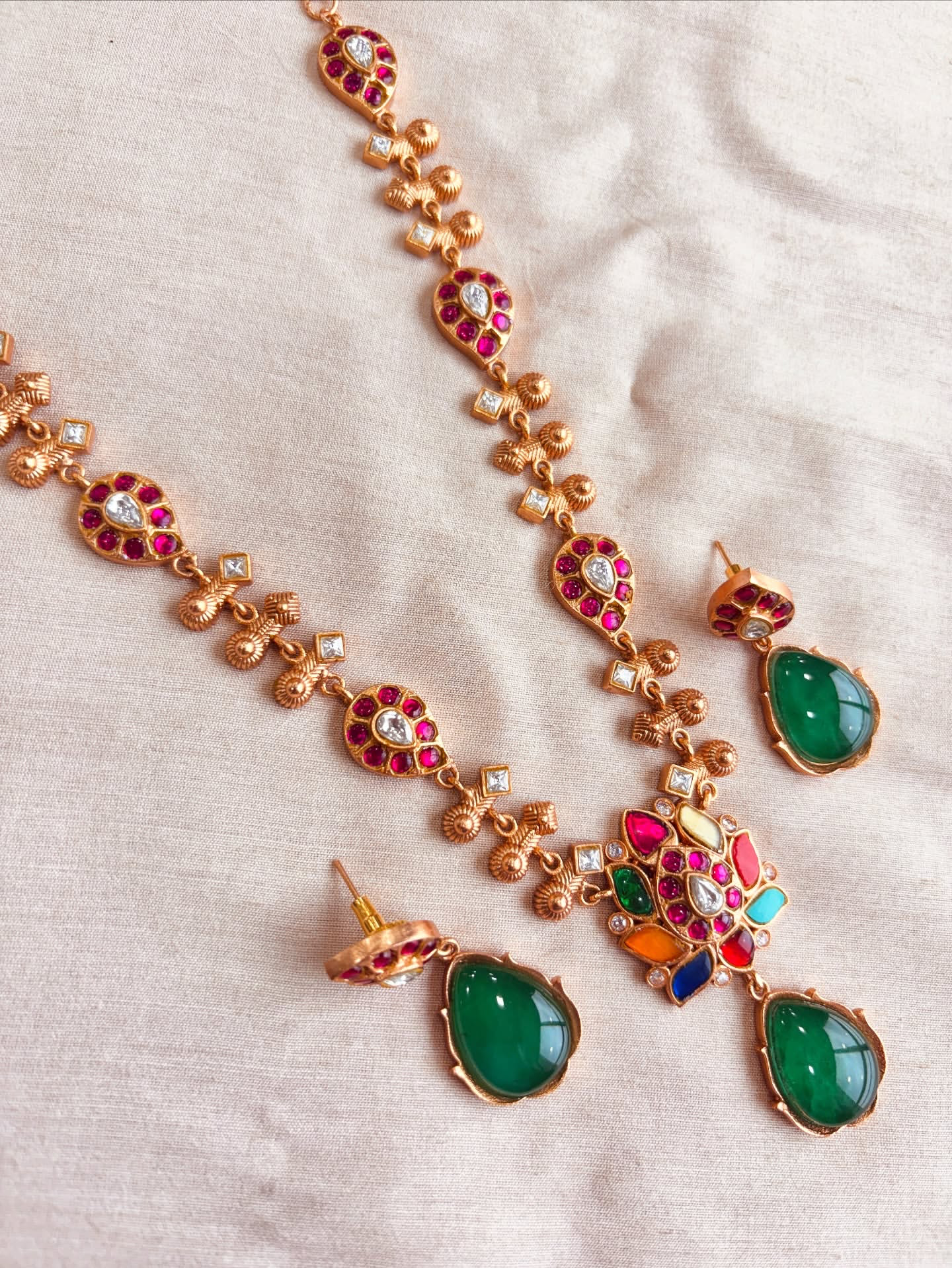 AIVY LUXE traditional green stone necklace set with vibrant multicolor and pink stone accents