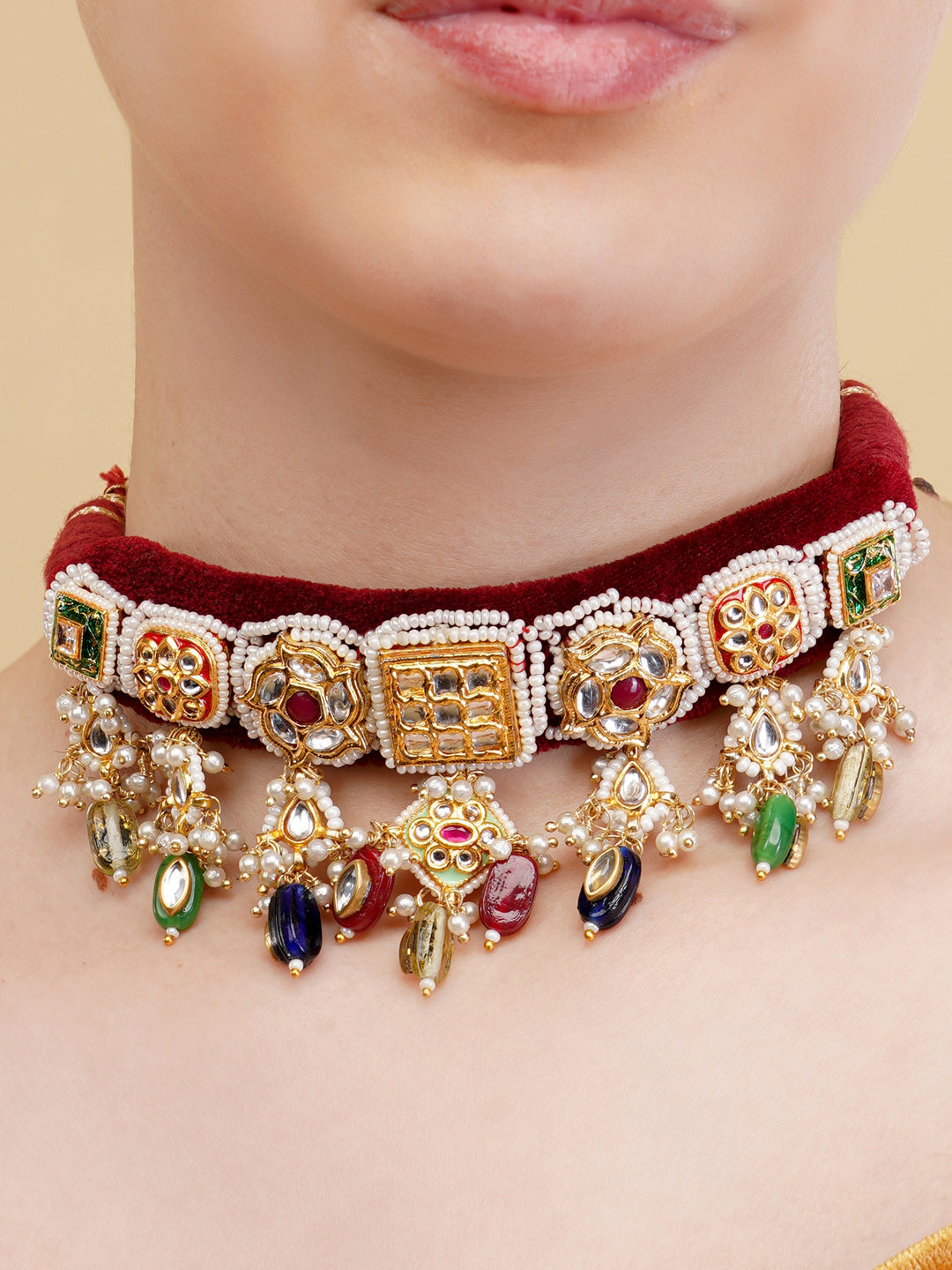 AIVY LUXE traditional Indian choker jewelry with intricate gold detailing and multicolored gemstone embellishments