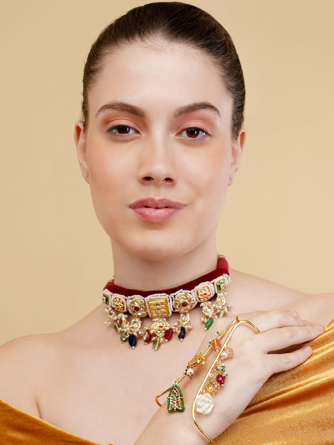 AIVY LUXE traditional Indian choker jewelry worn by model with intricate gold and gemstone design